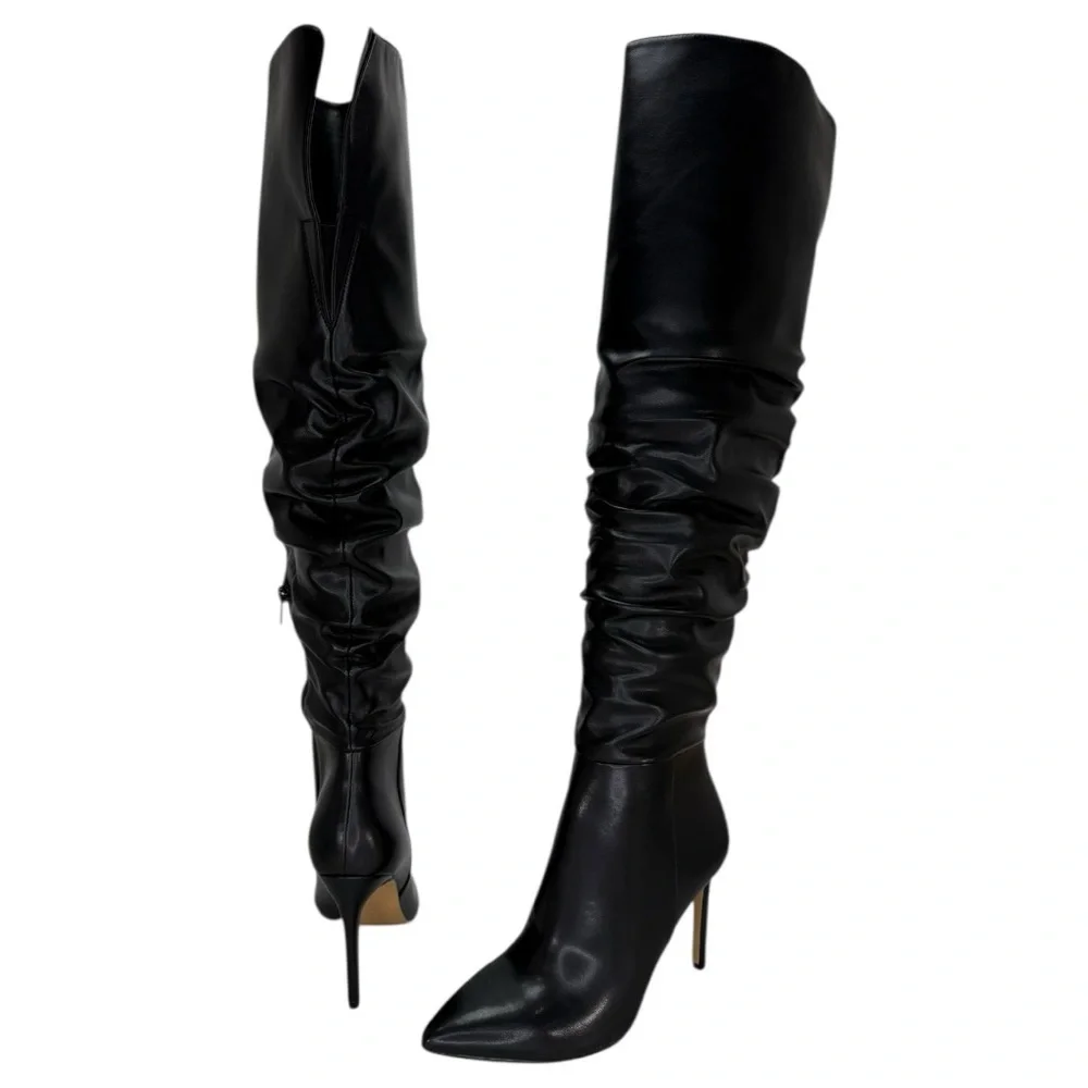 INC Iyonna Black Faux Leather Ruched Shaft OTK Heeled Womens Boots Size 8M